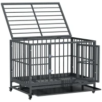 PawHut 36" Heavy Duty Dog Crate Metal Cage Kennel with Lockable Wheels, Double Door and Removable Tray, Gray(m-1)