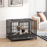 PawHut 36" Heavy Duty Dog Crate Metal Cage Kennel with Lockable Wheels, Double Door and Removable Tray, Gray(m-8)