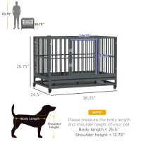 PawHut 36" Heavy Duty Dog Crate Metal Cage Kennel with Lockable Wheels, Double Door and Removable Tray, Gray(m-3)