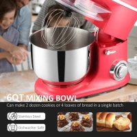 HOMCOM Stand Mixer with 6+1P Speed, 600W Tilt Head Kitchen Electric Mixer with 6 Qt Stainless Steel Mixing Bowl, Beater, Dough Hook and Splash Guard for Baking Bread, Cakes, and Cookies, Red(m-4)