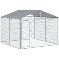PawHut Outdoor Dog Kennel Galvanized Steel Fence with Cover Secure Lock Mesh Sidewalls for Backyard 9.8' x 9.8' x 7.7'(m-1)