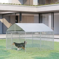 PawHut Outdoor Dog Kennel Galvanized Steel Fence with Cover Secure Lock Mesh Sidewalls for Backyard 9.8' x 9.8' x 7.7'(m-2)