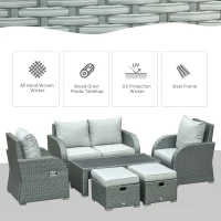 Outsunny 6-PCs Patio Furniture Sets Outdoor Wicker Sofa Set Rattan Angle Adjustable Recline Single Chair Conversation Set, Ottomans, w/ Polyester Tea Table Gas Spring  & Soft Washable Cushions, Grey(m-7)