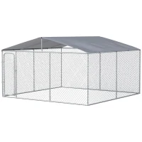 PawHut Outdoor Dog Kennel Galvanized Steel Fence with Cover Secure Lock Mesh Sidewalls for Backyard 157.5" x 157.5" x 91.25"(m-1)