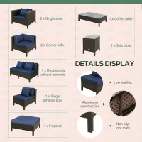 Outsunny Patio Furniture Set, 9 Piece Outdoor Sectional Sofa, All-Weather PE Rattan Wicker Conversation Set with Chairs, Ottoman, Loveseat, Coffee and Side Table, Cushions, Navy Blue(m-6)