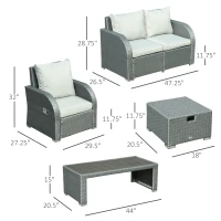 Outsunny 6-PCs Patio Furniture Sets Outdoor Wicker Sofa Set Rattan Angle Adjustable Recline Single Chair Conversation Set, Ottomans, w/ Polyester Tea Table Gas Spring  & Soft Washable Cushions, Grey(m-3)
