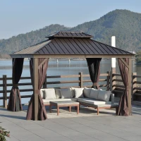 Outsunny 10' x 12' Hardtop Gazebo Canopy with Galvanized Steel Double Roof, Aluminum Frame, Permanent Pavilion Outdoor Gazebo with Netting and Curtains for Patio, Garden, Backyard, Deck, Lawn, Brown(m-2)