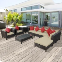 Outsunny Patio Furniture Set, 9 Piece Outdoor Sectional Sofa, All-Weather PE Rattan Wicker Conversation Set with Chairs, Ottoman, Loveseat, Coffee & Side Table, Cushions(m-2)