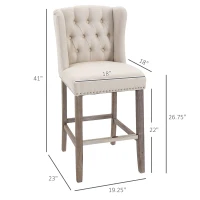 HOMCOM Counter Height Bar Stools Set of 2, Upholstered 26.75" Seat Height Barstools, Breakfast Chairs with Nailhead-Trim & Tufted Back, Wood Legs, Beige(m-3)