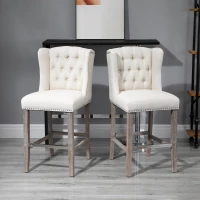 HOMCOM Counter Height Bar Stools Set of 2, Upholstered 26.75" Seat Height Barstools, Breakfast Chairs with Nailhead-Trim & Tufted Back, Wood Legs, Beige(m-2)
