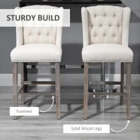 HOMCOM Counter Height Bar Stools Set of 2, Upholstered 26.75" Seat Height Barstools, Breakfast Chairs with Nailhead-Trim & Tufted Back, Wood Legs, Beige(m-5)