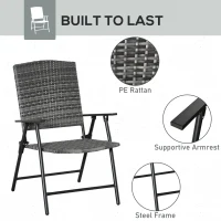 Outsunny PE Plastic Rattan Folding Chair Set, 4 Pack, Outdoor Wicker Seats w/ Armrests, Steel Frame, Mixed Grey(m-6)