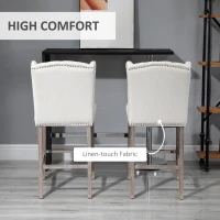 HOMCOM Counter Height Bar Stools Set of 2, Upholstered 26.75" Seat Height Barstools, Breakfast Chairs with Nailhead-Trim & Tufted Back, Wood Legs, Beige(m-6)