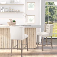 HOMCOM Counter Height Bar Stools Set of 2, Upholstered 26.75" Seat Height Barstools, Breakfast Chairs with Nailhead-Trim & Tufted Back, Wood Legs, Beige(m-8)