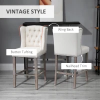 HOMCOM Counter Height Bar Stools Set of 2, Upholstered 26.75" Seat Height Barstools, Breakfast Chairs with Nailhead-Trim & Tufted Back, Wood Legs, Beige(m-4)