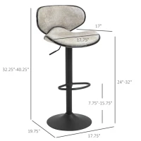 HOMCOM Vintage Bar Stool Set of 2 Microfiber Cloth Adjustable Height Armless Chairs with Swivel Seat, Taupe Grey(m-3)