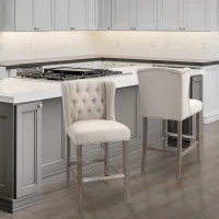 HOMCOM Counter Height Bar Stools Set of 2, Upholstered 26.75" Seat Height Barstools, Breakfast Chairs with Nailhead-Trim & Tufted Back, Wood Legs, Beige(m-9)