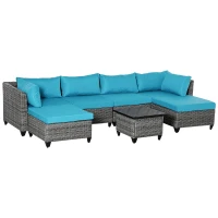 Outsunny 7 Pieces Wicker Patio Furniture Set with 4.7" Thick Cushions, Outdoor PE Rattan Garden Sofa Set Sectional Conversation Set w/ Iron Plate Top Coffee Table, Light Blue(m-2)