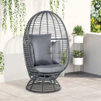Outsunny Outdoor Wicker Egg Chair with Cushion, Lounge Chair Rattan 360 Degree Round Basket Chair for Backyard Garden Lawn Indoor Living Room, Grey(m-2)