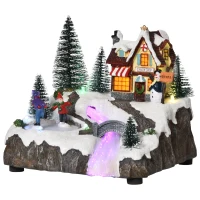 HOMCOM Christmas Village, Rotating Skating Pond Animated Winter Wonderland Set with Multicolored LED Light, Music, Fiber Optic, Battery-Operated Christmas Decoration(m-12)
