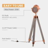 HOMCOM Vintage Tripod Floor Lamp, Height Adjustable Nautical Spotlight with Wood Legs, E12 Lamp Base for Living Room, Bedroom, Grey and Rose Gold(m-7)