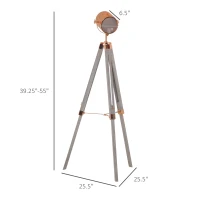 HOMCOM Vintage Tripod Floor Lamp, Height Adjustable Nautical Spotlight with Wood Legs, E12 Lamp Base for Living Room, Bedroom, Grey and Rose Gold(m-3)
