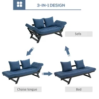 HOMCOM Single Person 3 Position Convertible Chaise Lounger Sofa Bed with 2 Large Pillows and Oak Frame, Dark Blue(m-4)
