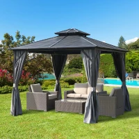 Outsunny 10' x 10' Hardtop Gazebo Canopy with Galvanized Steel Double Roof, Aluminum Frame, Permanent Pavilion Outdoor Gazebo with Netting and Curtains for Patio, Garden, Backyard, Gray(m-2)