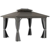 Outsunny 10' x 12' Hardtop Gazebo Canopy with Galvanized Steel Double Roof, Aluminum Frame, Outdoor Permanent Pavilion with Top Hooks, Netting and Curtains for Patio, Garden, Backyard, Gray(m-1)