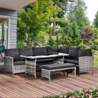 Outsunny 4 Pieces Patio Wicker Dining Sets, Outdoor PE Rattan Sectional Conversation Set with Cushions & Dining Table, Bench for Garden, Backyard, Lawn, Charcoal Gray(m-2)