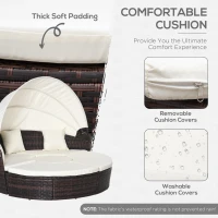 Outsunny 4pc Rattan Patio Furniture Set, Round Convertible Daybed or Sunbed, Adjustable Sun Canopy, Sectional Outdoor Sofa, 2 Chairs, Table, 3 Pillows, PE Plastic Wicker, Beige(m-6)