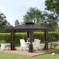 Outsunny 10' x 10' Hardtop Gazebo with Curtains and Netting, Permanent Pavilion Metal Double Roof Gazebo Canopy with Aluminum Frame and Hooks, for Garden, Patio, Backyard, Brown(m-2)
