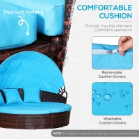 Outsunny 4-Piece Round Convertible Daybed with Cushions, Outdoor PE Rattan Patio Wicker Sofa Set, Sunbed with Adjustable Sun Canopy, Sectional Sofa, 2 Chairs, Table, 3 Pillows, Light Blue(m-5)