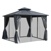 Outsunny 10' x 10' Hardtop Gazebo Canopy with Galvanized Steel Double Roof, Aluminum Frame, Permanent Pavilion Outdoor Gazebo with Netting and Curtains for Patio, Garden, Backyard, Gray(m-1)