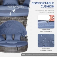 Outsunny 4pc Rattan Patio Furniture Set, Round Convertible Daybed or Sunbed, Adjustable Sun Canopy, Sectional Outdoor Sofa, 2 Chairs, Table, 3 Pillows, PE Plastic Wicker, Gray(m-6)