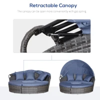 Outsunny 4pc Rattan Patio Furniture Set, Round Convertible Daybed or Sunbed, Adjustable Sun Canopy, Sectional Outdoor Sofa, 2 Chairs, Table, 3 Pillows, PE Plastic Wicker, Gray(m-7)