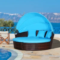 Outsunny 4-Piece Round Convertible Daybed with Cushions, Outdoor PE Rattan Patio Wicker Sofa Set, Sunbed with Adjustable Sun Canopy, Sectional Sofa, 2 Chairs, Table, 3 Pillows, Light Blue(m-2)