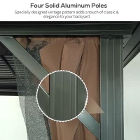 Outsunny 10' x 10' Hardtop Gazebo with Curtains and Netting, Permanent Pavilion Metal Double Roof Gazebo Canopy with Aluminum Frame and Hooks, for Garden, Patio, Backyard, Brown(m-7)