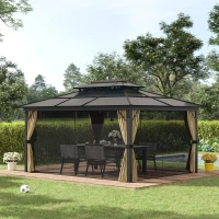 Outsunny 11' x 15' Hardtop Gazebo Canopy with Polycarbonate Roof, Aluminum Frame, Permanent Pavilion Outdoor Gazebo with Netting, for Patio, Garden, Backyard, Deck, Lawn, Beige(m-2)