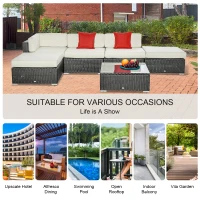 Outsunny 6 Pieces Wicker Patio Furniture Set with Thick Cushions, Deluxe Outdoor All-Weather Resistant PE Rattan Sectional Conversation Sofa Set with Glass Top Table, Beige(m-7)