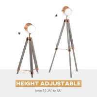 HOMCOM Vintage Tripod Floor Lamp, Height Adjustable Nautical Spotlight with Wood Legs, E12 Lamp Base for Living Room, Bedroom, Grey and Rose Gold(m-4)