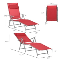Outsunny Outdoor Folding Chaise Lounge Chair, Portable Lightweight Reclining Sun Lounger with 7-Position Adjustable Backrest & Pillow for Patio, Deck, and Poolside, Red(m-3)
