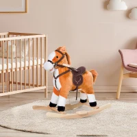 Qaba Kids Plush Toy Rocking Horse, Wooden Ride-on Chair, Plush Animal Rocker with Realistic Sounds and Moving Tail for Toddlers, Brown(m-2)
