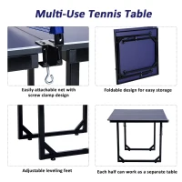 Soozier 72" Compact Folding Multi-Use Indoor / Outdoor Table Tennis Table With Net And Post Set, Blue(m-6)
