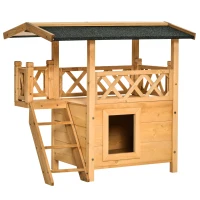 PawHut Wooden Cat House, 2-Floor Feral Cat Shelter, Kitten Condo Outdoor with Balcony, Stairs, Asphalt Roof, Natural(m-8)