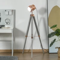 HOMCOM Vintage Tripod Floor Lamp, Height Adjustable Nautical Spotlight with Wood Legs, E12 Lamp Base for Living Room, Bedroom, Grey and Rose Gold(m-2)