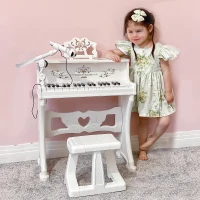Qaba 37-Key Kids Princess Electronic Piano Toddler Toy Keyboard with Stool, MP3, Record, Light and Microphone for 3 years+, White(m-7)