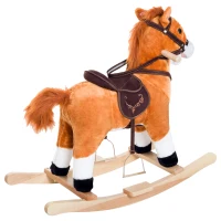 Qaba Kids Plush Toy Rocking Horse, Wooden Ride-on Chair, Plush Animal Rocker with Realistic Sounds and Moving Tail for Toddlers, Brown(m-10)