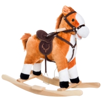 Qaba Kids Plush Toy Rocking Horse, Wooden Ride-on Chair, Plush Animal Rocker with Realistic Sounds and Moving Tail for Toddlers, Brown