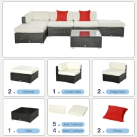 Outsunny 6 Pieces Wicker Patio Furniture Set with Thick Cushions, Deluxe Outdoor All-Weather Resistant PE Rattan Sectional Conversation Sofa Set with Glass Top Table, Beige(m-6)
